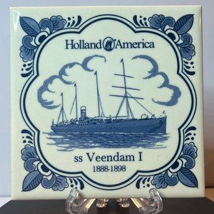 Vintage Holland America Line Blue Delft Tile Coasters ms Veendam I 1888-1898